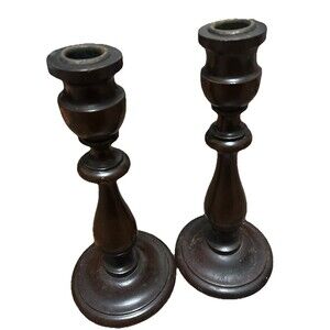 Vtg Antique Turned Wooden Set of Candle Stick Holders Dark Wood 10” & 10.5”